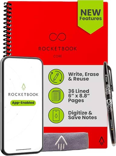 Rocketbook Caderno espiral reutilizável New Core, tamanho executivo 15 x 21 cm, vermelho - páginas forradas, conectadas ao aplicativo, apagável, capa durável, ideal para escola, trabalho e projetos