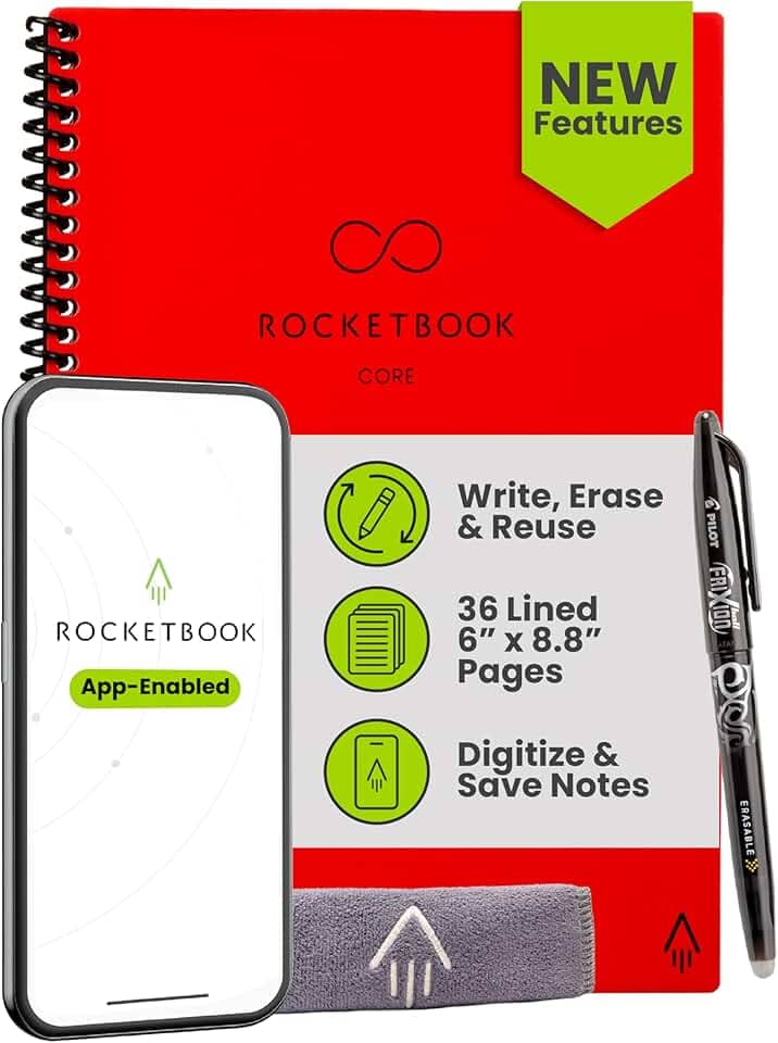 Rocketbook Caderno espiral reutilizável New Core, tamanho executivo 15 x 21 cm, vermelho - páginas forradas, conectadas ao aplicativo, apagável, capa durável, ideal para escola, trabalho e projetos