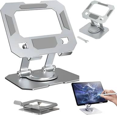 Suporte para Tablet Metal MTS • Aço Carbono Resistente • Apoio para Mesa • Pedestal Portátil Dobrável Articulado Base Rotativa 360º Design Moderno Ajustável até 13" • Antiderrapante Amplo Compatível