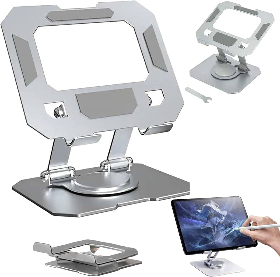 Suporte para Tablet Metal MTS • Aço Carbono Resistente • Apoio para Mesa • Pedestal Portátil Dobrável Articulado Base Rotativa 360º Design Moderno Ajustável até 13" • Antiderrapante Amplo Compatível