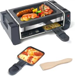 HengBO Raclette Grill Elétrico Portátil com 2 Mini Panelas Antiaderentes e 1 Espátula de Madeira, Preto, 3.500W, 120V, Aço Inoxidável, Ideal para Viagens e Acampamentos