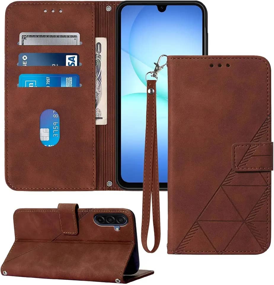 Capa carteira para Samsung A17 5G, compartimentos para cartão, alça de pulso, proteção interna de telefone TPU, capa flip de couro PU para Galaxy A17 2025 (marrom)