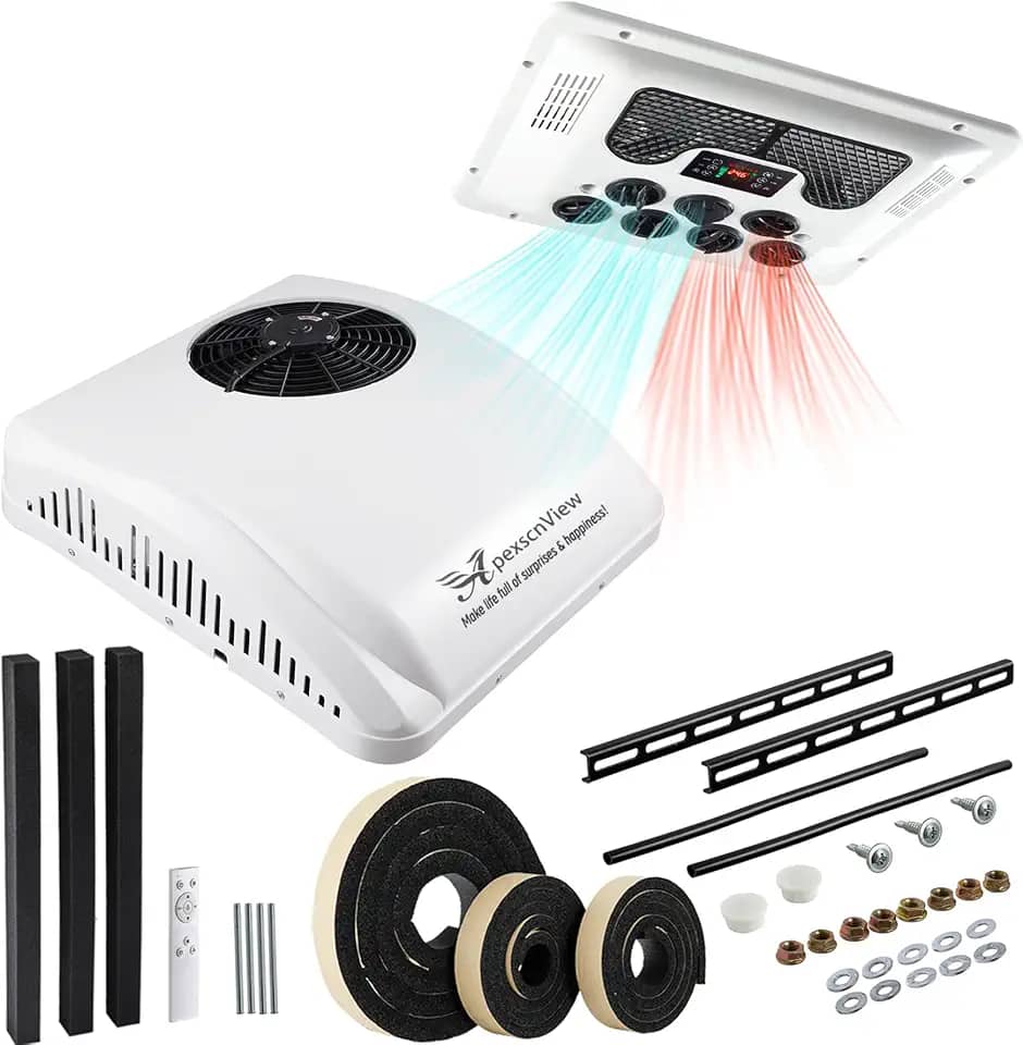 Ar condicionado RV sem dutos de 10000 BTU, ar condicionado de teto 2 em 1 de 45 dB para aquecedor e resfriamento, unidade de 12 V CC para