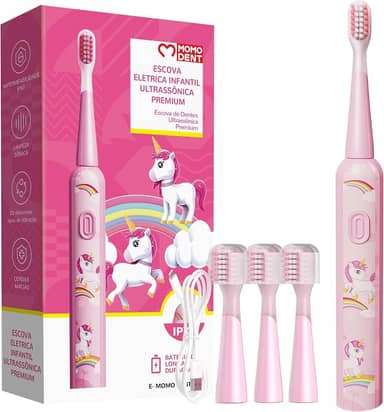 MOMODENT Escova Elétrica Infantil Sônica, Cerdas Extra Macias, 3 Modos de Vibração, 3 Cabeças Substituíveis, IPX7 à Prova D'Água, Recarregável, para Crianças de 3 a 12 Anos (Rosa)