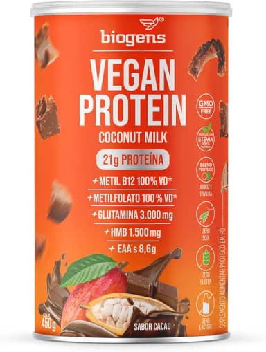 Vegan Protein coconut milk, 21g de proteína ervilha e arroz, GMO Free, Glutamina, HMB, EAAs, Vitaminas B Metil, 450g, Biogens (Cacau)