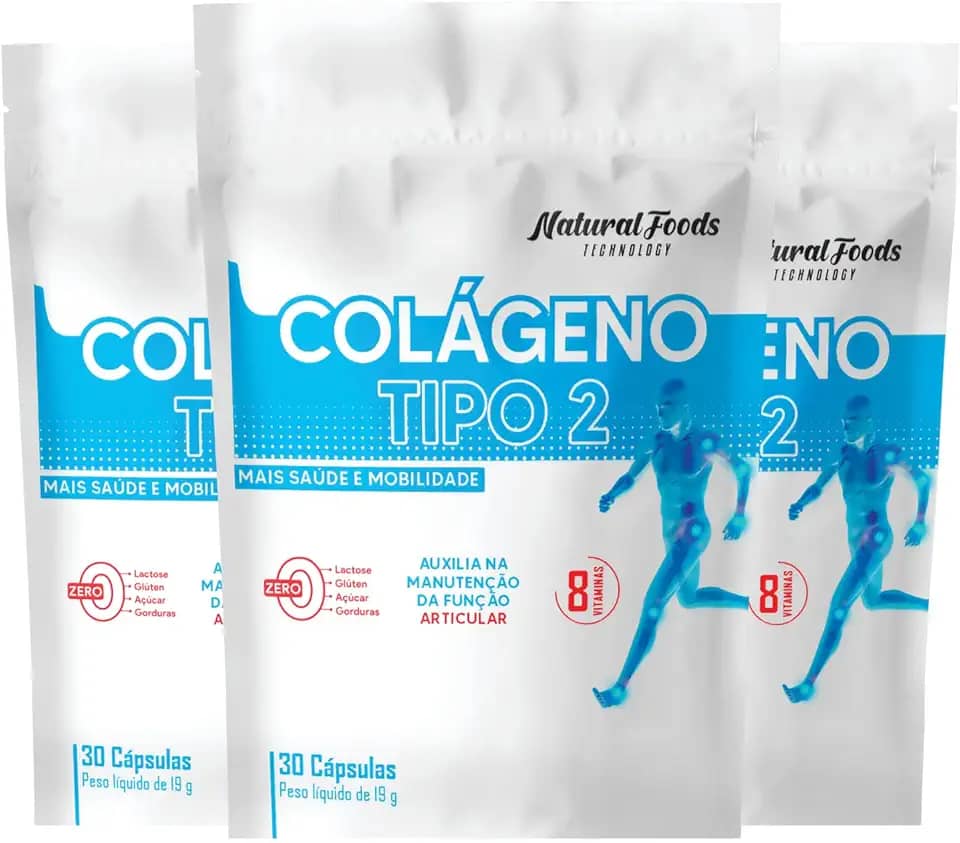 Kit 3x Colageno Tipo 2 Vitaminas Joelho Articulação Collagen Type 2 Refil 30 Cáps Não Desnaturado Proteina 40 mg Rende 90 Doses + Vitamina B1 B2 B6 B12 C E D3 Matéria Prima Importada - Natural Foods