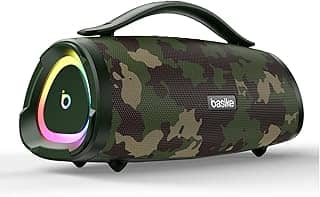 Basike Caixa de Som Bluetooth Portátil 100W RMS (160W Pico), TWS Estéreo, Modos EQ, Microfone Integrado, Luzes RGB, IPX6, 12h de Bateria para Home Theater, Festa e Exterior – Cor Camuflada