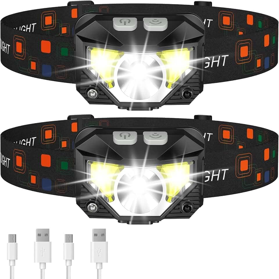 Lanterna de cabeça Lhknl, farol LED recarregável, ultraleve com luz vermelha e branca, 2 unidades, com sensor de movimento, impermeável, 8 modos para acampamento, ar livre, corrida, trilha, pesca