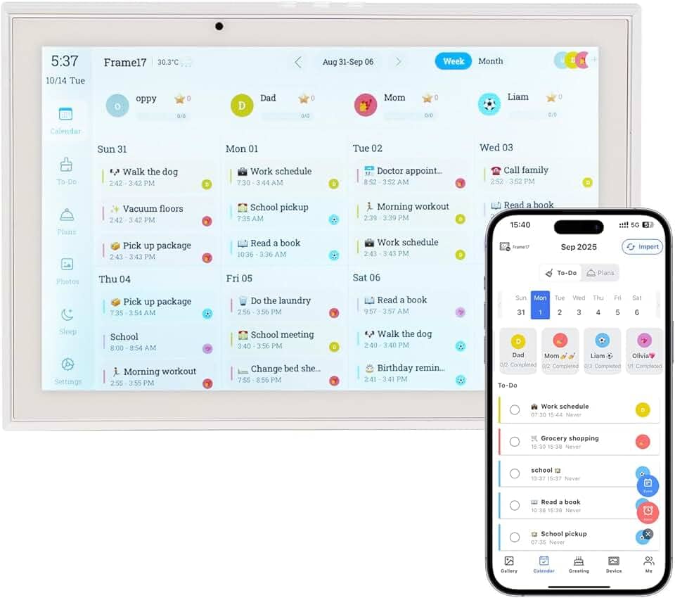 Calendário digital inteligente de 25,5 cm, agenda de refeições HD, tela sensível ao toque, agenda digital sem costura (sem bateria)