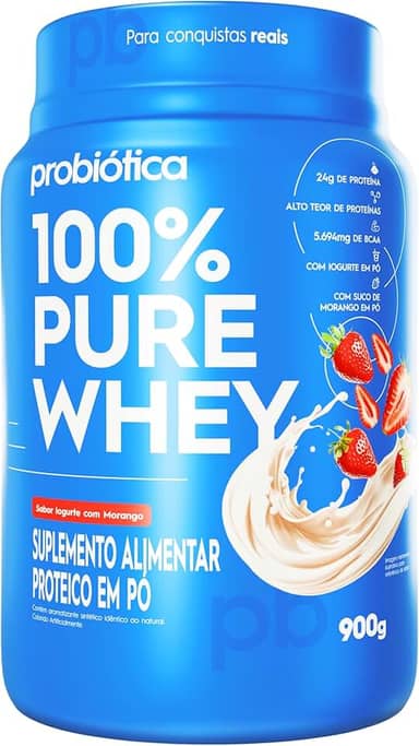100% Pure Whey (900G) - Sabor Iogurte C/ Morango, Probiótica