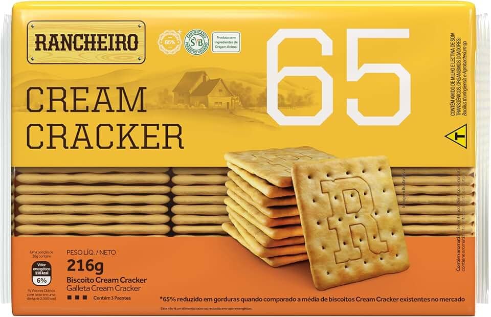 Biscoito Cream Cracker 65 Rancheiro 216g – Crocante, 65% Menos Gordura e Vegano