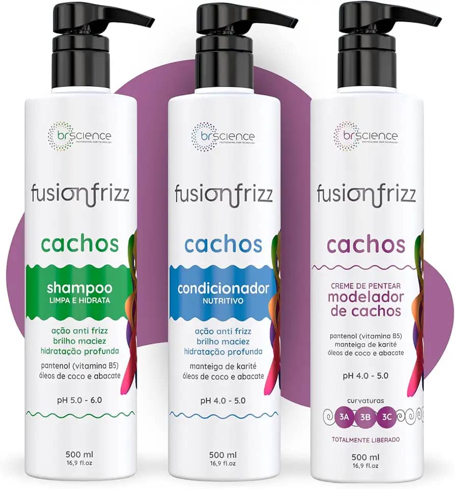 Kit Shampoo, Condicionador e Creme de Pentear Modelador de Cachos Brscience FusionFrizz – Limpeza, Hidratação e Definição Intensa para Cabelos Cacheados 3A, 3B e 3C – 3x500ml