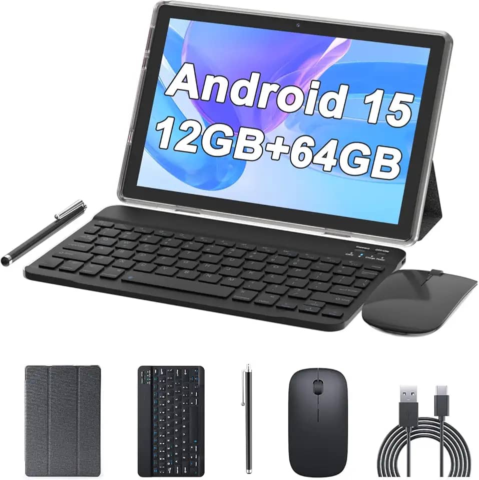 Tablet de 10 polegadas Android 15 (não vai), tablets 2 em 1 com teclado 12 GB de RAM + 64 GB de ROM (suporta expansão de 1 TB) Tableta 2 MP + câmera de 8 MP 6000 mAh, mouse/capa/Stylus 5G Wifi-6