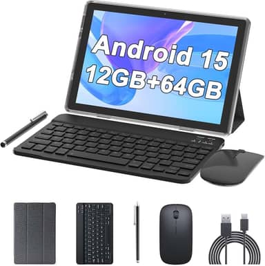 Tablet de 10 polegadas Android 15 (não vai), tablets 2 em 1 com teclado 12 GB de RAM + 64 GB de ROM (suporta expansão de 1 TB) Tableta 2 MP + câmera de 8 MP 6000 mAh, mouse/capa/Stylus 5G Wifi-6
