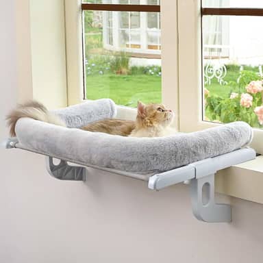 Peitoril de janela para gatos com reforço grande, fácil de ajustar e montar, assento de janela para peitoril da janela e cabeceira, cama de rede para gatos grandes e gatinhos (cinza, G)