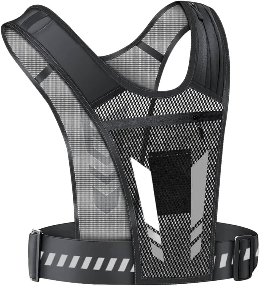 kowaku Colete de corrida Colete de hidratação Bolsa de peito reflexiva com bolso de malha Cintura ajustável Suporte para telefone Bolsa esportiva para