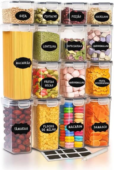 Kit Com 15 Potes Herméticos para Mantimentos, Alimentos, Marmita e Grãos, Plástico PP Transparente com Tampa Easy Lock, para Organização Armário de Cozinha e Casa, Certificado CE e FDA