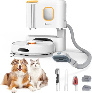 Teendow Aspirador e esfregão robô D20S Max+, sucção 6000Pa para pelos de animais de estimação, com base autoesvaziadora e peças de cuidados para animais de estimação, 10 semanas de limpeza mãos-livres