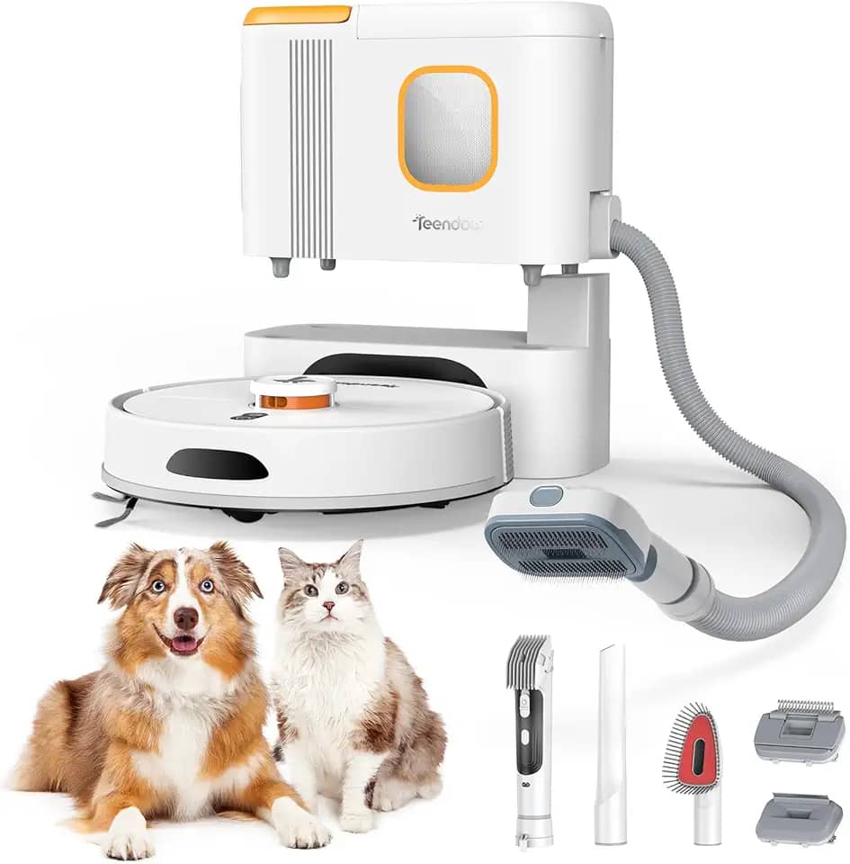 Teendow Aspirador e esfregão robô D20S Max+, sucção 6000Pa para pelos de animais de estimação, com base autoesvaziadora e peças de cuidados para animais de estimação, 10 semanas de limpeza mãos-livres