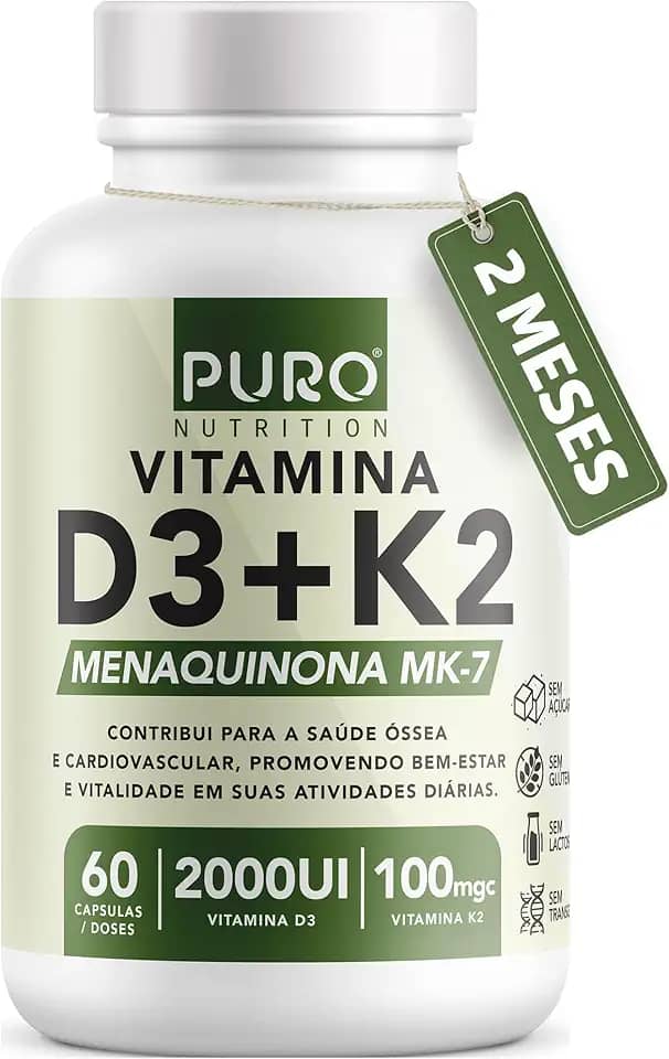 Vitamina D3 + K2 Puro Nutrition 2000 iu D3 com 100mcg de Vitamina K2 MK-7, 60 Cápsulas