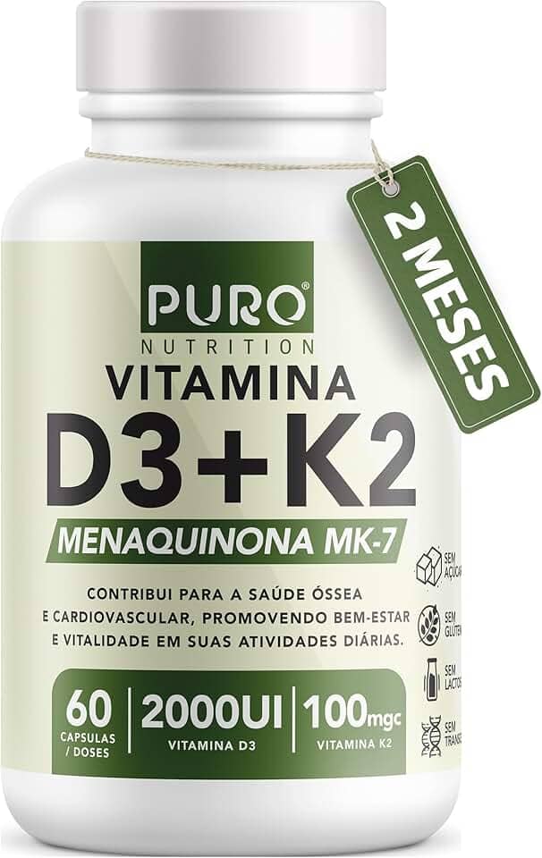 Vitamina D3 + K2 Puro Nutrition 2000 iu D3 com 100mcg de Vitamina K2 MK-7, 60 Cápsulas