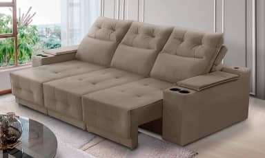 Sofá Retrátil e Reclinável 3 lugares 2,30m com Porta Copos e USB Hannah Suede Capuccino Adonai Estofados