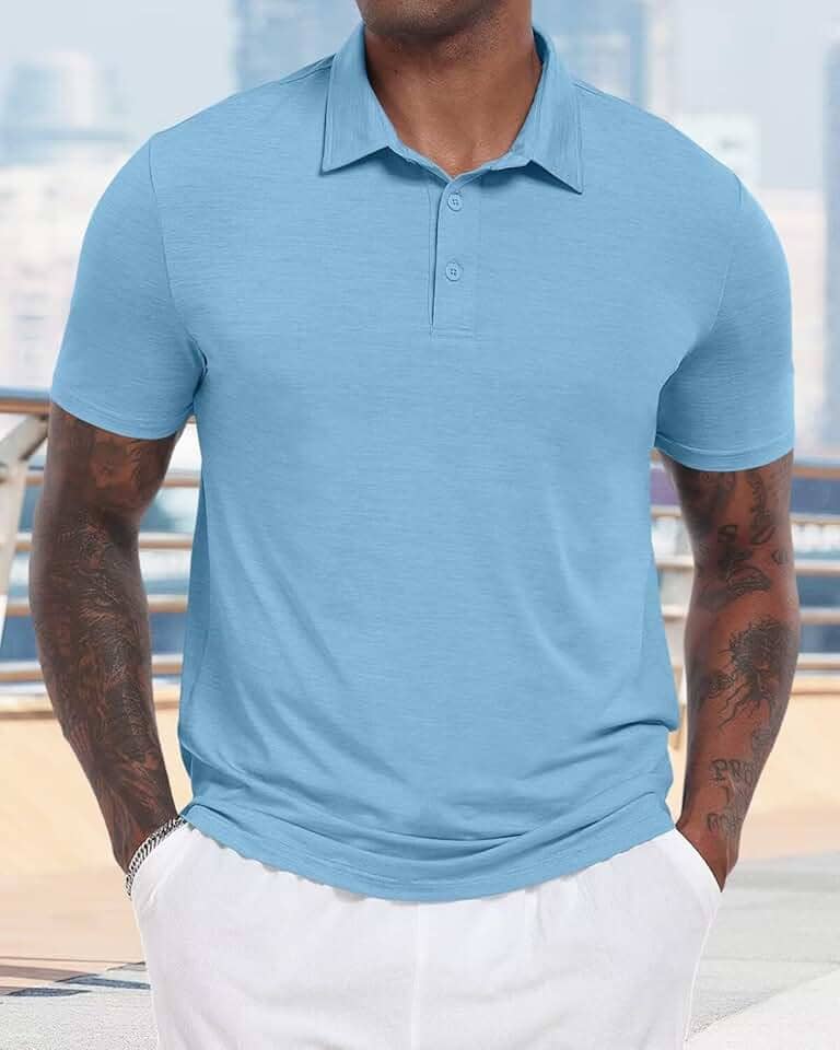 Camisa polo masculina com botões para negócios, casual, manga curta, tricô