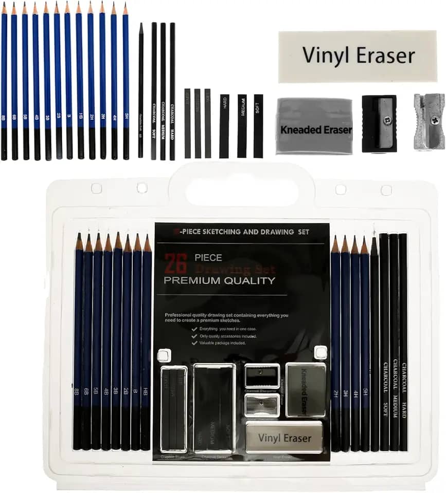 Conjunto de 26 peças de lápis de esboço e desenho, lápis de esboço de profissão, portátil, conjunto de arte de esboço com lápis, lápis de grafite, borracha e apontador, kit de desenho artístico para