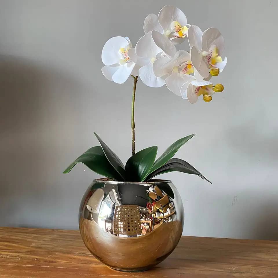 Decore Fácil - Orquídea Branca Artificial Arranjo no Vaso Espelhado Flores Permanentes