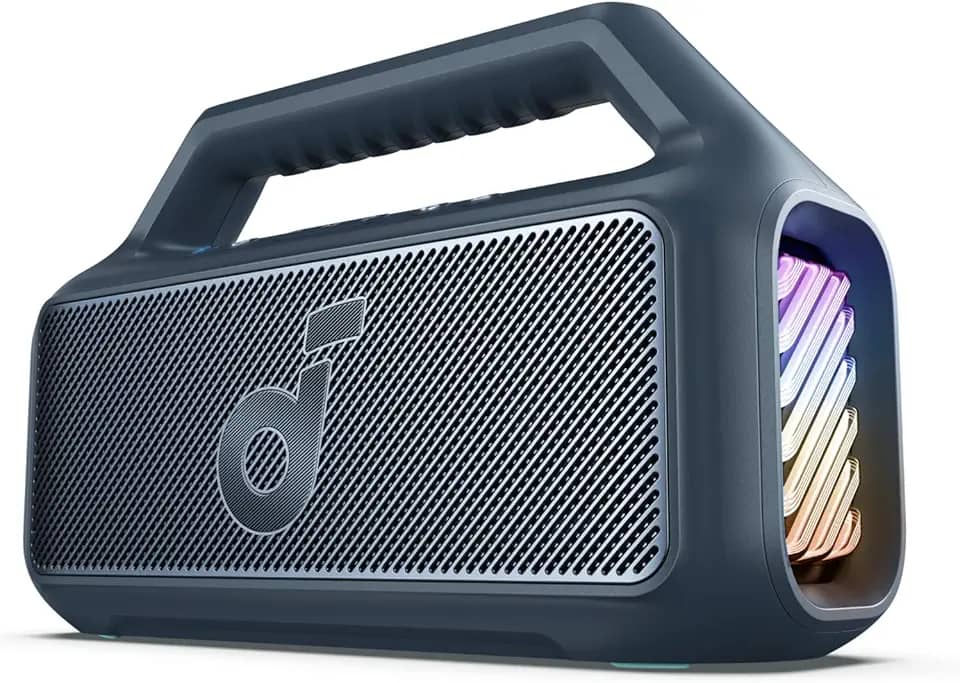 soundcore Boom 2 da Anker, alto-falante 80W, Subwoofer, BassUp 2.0, 24H, IPX7 à Prova d’Água, Flutuante, Luzes RGB, USB-C, Equalizador Personalizado, Bluetooth 5.3, Portátil para Camping e Praia