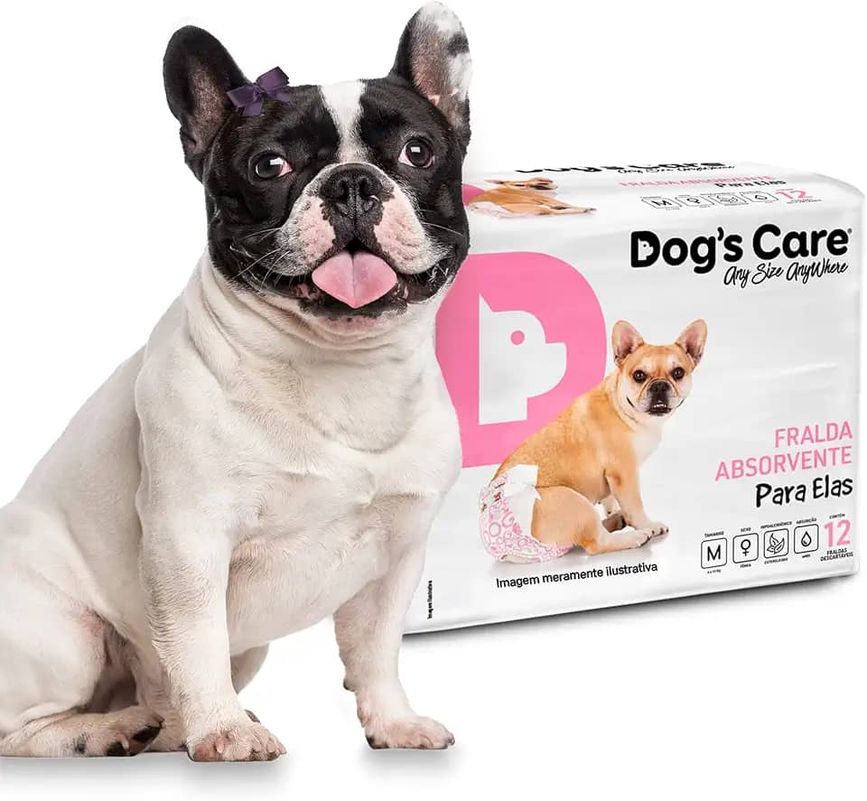 DOG’S CARE Fralda Descartável Para Cães Fêmeas de 6 a 13kg - Fralda Absorvente Para Cachorros Idosos e Filhotes - Tamanho M - 12 Unidades