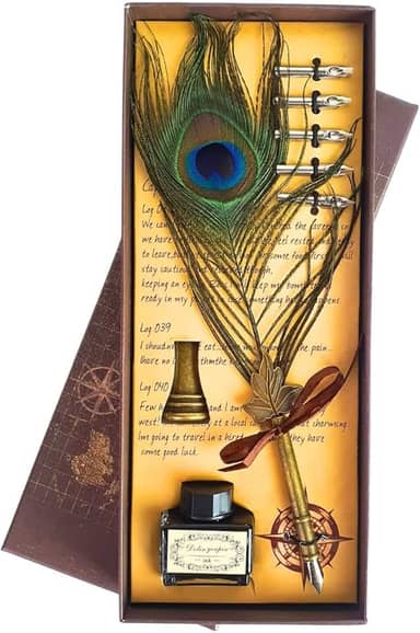 Kit Caneta Tinteiro Pena Pavão