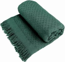 Decolab Manta para Sofá em Algodão com Franjas Artesanais | Cobertor Decorativo para Sofa, Poltrona e Cama | Estilo Boho Chic (Verde-musgo)