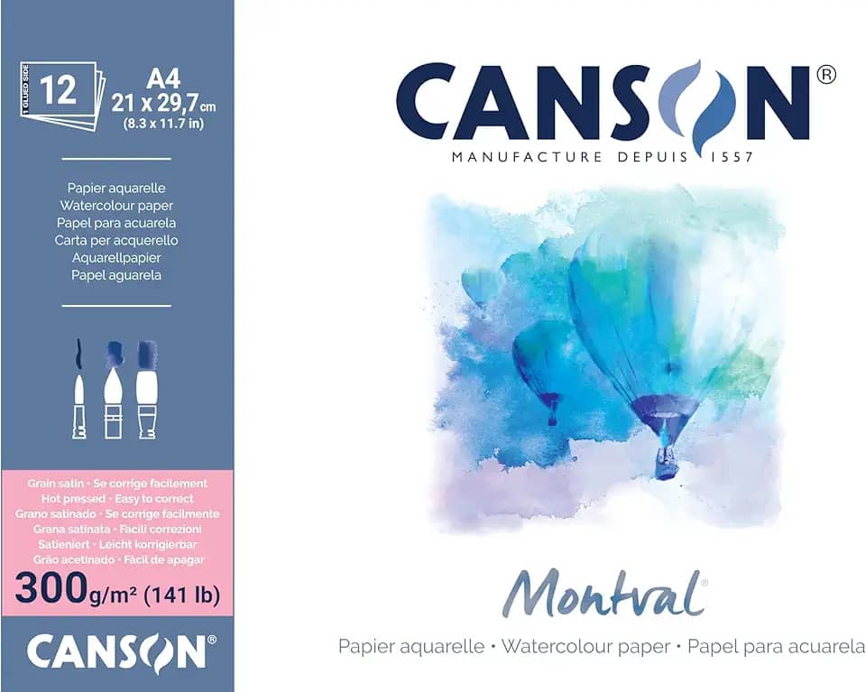 CANSON Bloco Papel Aquarela de Acetinado Montval A4 21 x 29,7 cm 300 g/m² 12 Folhas