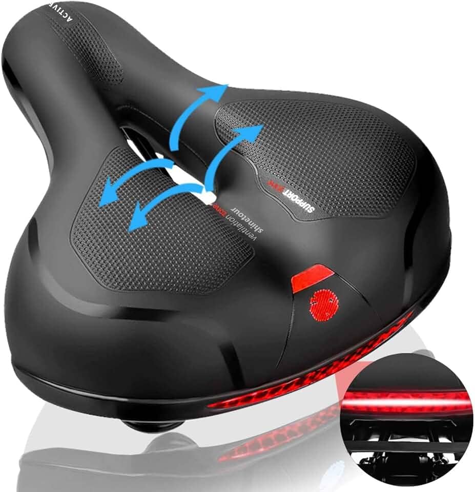 Assento de bicicleta confortável , selim de bicicleta largo com absorção de choque , almofada de bicicleta macia à prova d'água com lanterna traseira adequada para bicicletas internas/externas