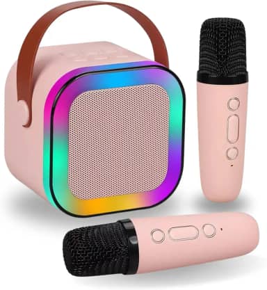 Karaoke Infantil Portátil com 2 Microfones Recarregável e Modos de Voz Divertidos - Diversão Musical para Crianças! (Rosa)