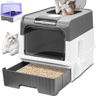 Caixa de Areia para Gatos, Grande, Cinza e Verde, com Luz UV e Purificador de Ar, Acessível em Um Só Sentido, Fechada, Ideal para Viagens