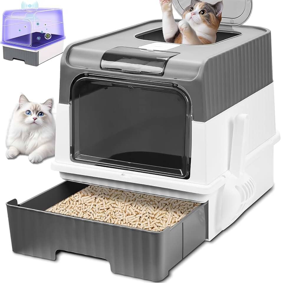 Caixa de Areia para Gatos, Grande, Cinza e Verde, com Luz UV e Purificador de Ar, Acessível em Um Só Sentido, Fechada, Ideal para Viagens