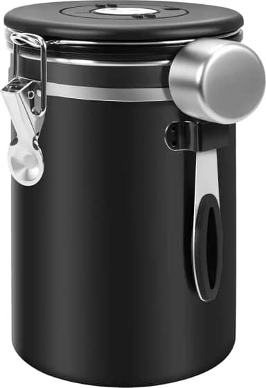 1.8L, Recipiente para Café em Grãos de Aço Inoxidável, Pote Cafe, Pote Cafe E Açucar, Preto, Aço Inoxidável de com Rastreador de Data, Recipiente de Grãos de Café, Recipiente de Café Hermético