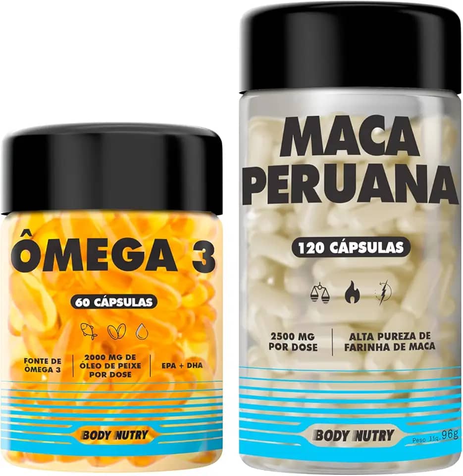 Kit 1x Maca peruana Premium 120 Caps 2500mg Lepidium Meyenii Melhora Performance Energia Resistência Homens Mulheres + 1x Ômega 3 Fish Oil 2000mg Dha Epa 60 Softgels Ultra Concentrado - Body Nutry