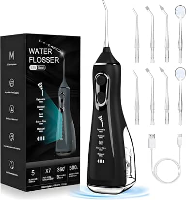 Irrigador Bucal & Oral Portátil Recarregável - Limpeza Profunda com 5 Níveis de Pressão, 8 Ponteiras, Tanque 300ml, À Prova d’Água - Jato Dental Ideal para Aparelhos Ortodônticos, Implantes e Gengivas