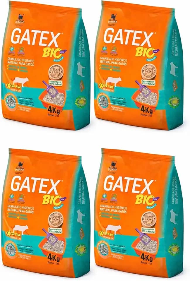 Gatex Bio Areia Higiênica Natural para Gatos Kit 4 Unidades 4kg Extra Fina Alto Controle de Odores