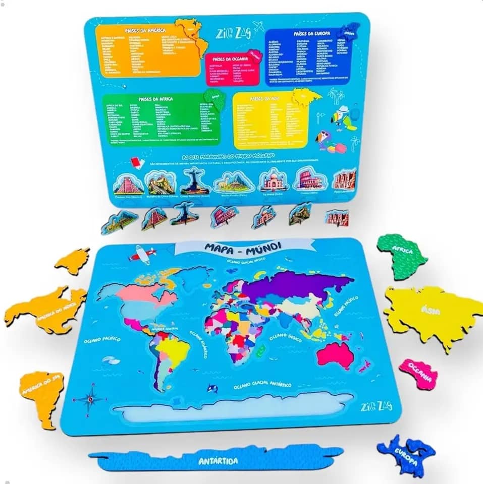 Quebra Cabeça Infantil Mapa Múndi De Madeira Com As 7 Maravilhas Do Mundo