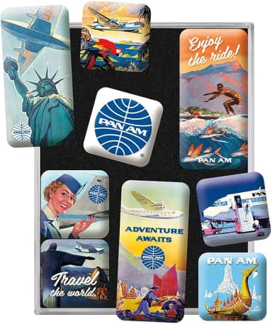 Nostalgic-Art Ímãs de geladeira retrô Pan Am – Ideia de presente para viagem do mundo divertido para quadro magnético conjunto de 9
