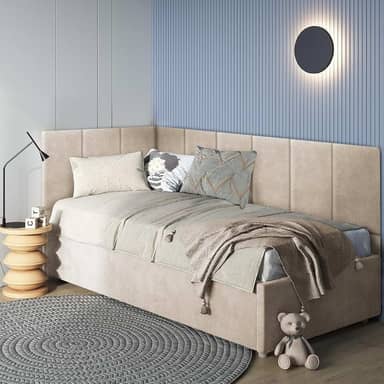 Cabeceira em L Canto Alemão Estofada Para Cama Solteiro Painel 3,00mX40cm Módulos Adesivos (Bege)