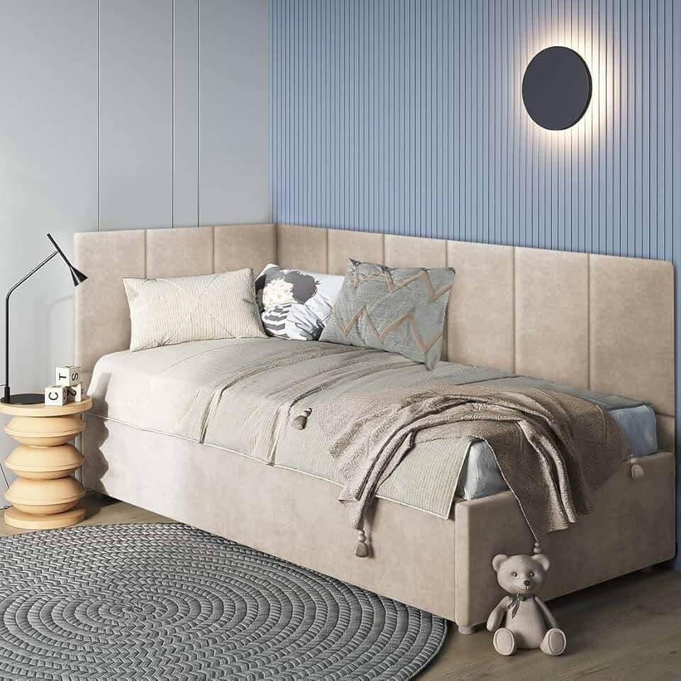 Cabeceira em L Canto Alemão Estofada Para Cama Solteiro Painel 3,00mX40cm Módulos Adesivos (Bege)