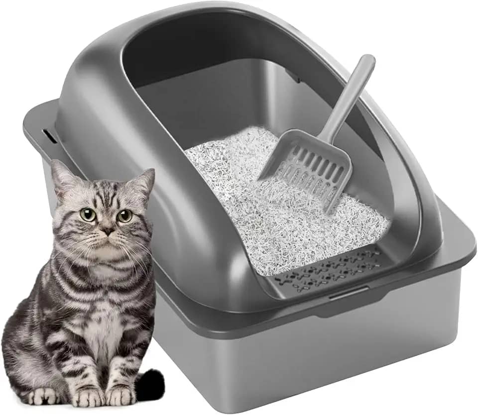 Banheiro Gato Caixa Areia, 60 * 40 * 30cm,Aço inoxidável Caixa de Areia Lavável para Gatos Grande com Peneira, Limpeza Fácil