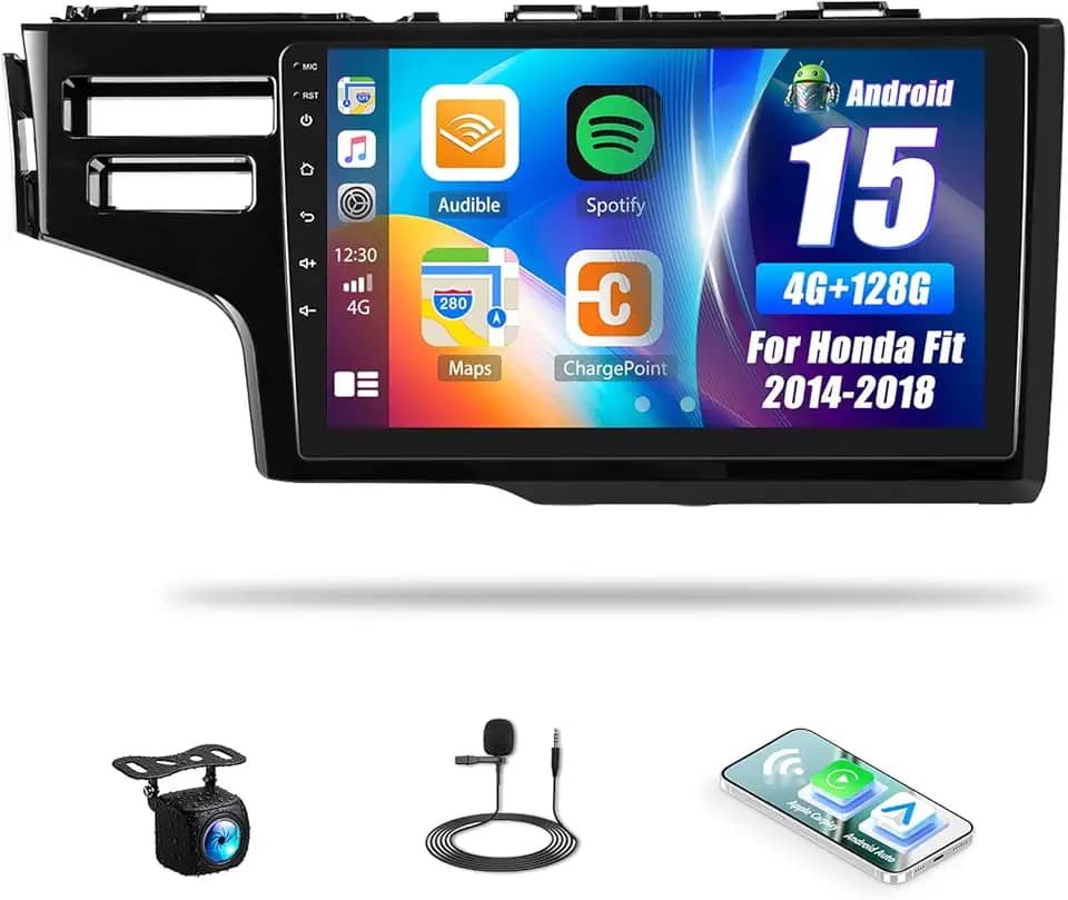 Rádio veicular Andriod 4G + 128G para Honda Fit 2014-2018 com tela sensível ao toque de celular CarPlay Android Auto de 23 cm com microfone de câmera de backup WiFi de navegação GPS