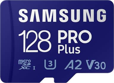 SAMSUNG PRO Plus + adaptador 128 GB microSDXC até 160 MB/s UHS-I, U3, A2, V30, cartão de memória Full HD e 4K UHD para smartphones Android, tablets, Go Pro e drone DJI (MB-MD128KA/AM)