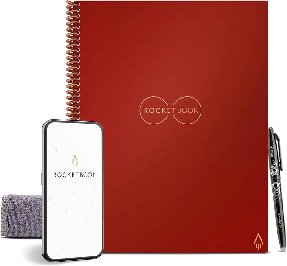 Rocketbook Caderno reutilizável inteligente – Caderno ecológico Dot-Grid com 1 caneta Pilot Frixion e 1 pano de microfibra incluído, tamanho carta (21,5 x 28 cm), Vermelho escarlate,